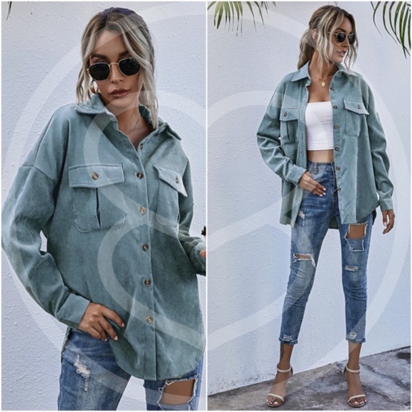 dusty blue Corduroy button down light fall jacket - Picture 4 of 9